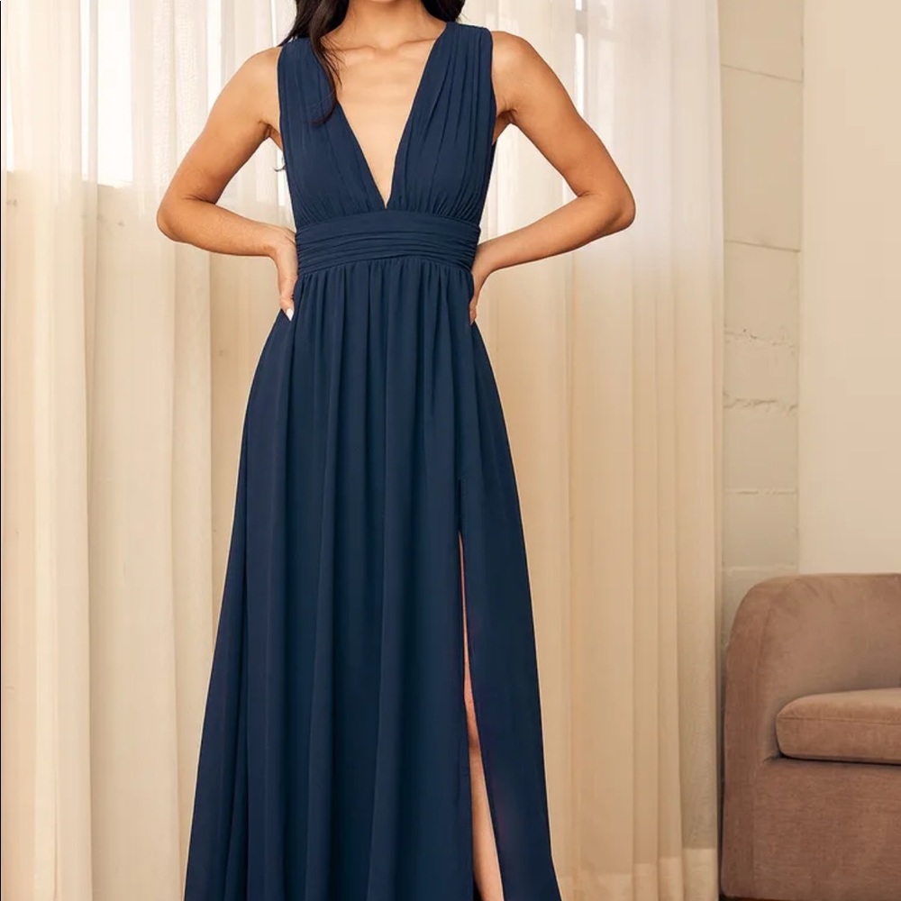Lulu's Heavenly Hues Navy Blue Empire Waist Pleated Maxi Dress Size M